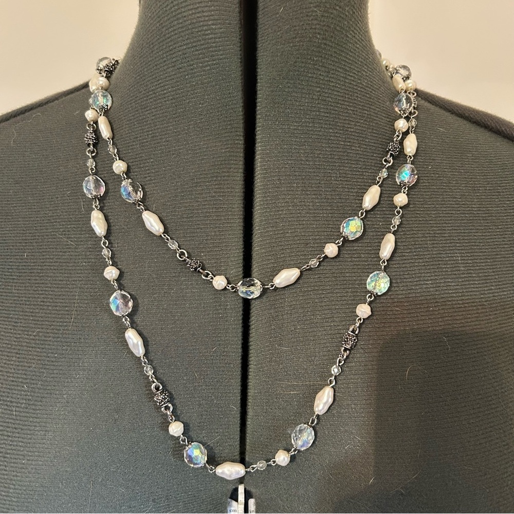 Long Silver Tone and Pearl Necklace with AB beads